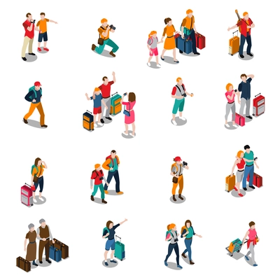 Travel people isometric icons with men women kids in different poses and baggage isolated vector illustration