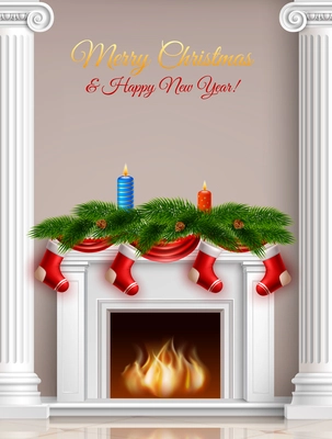 Christmas and New Year greeting poster with fireplace fir branches candles ribbons and socks vector illustration