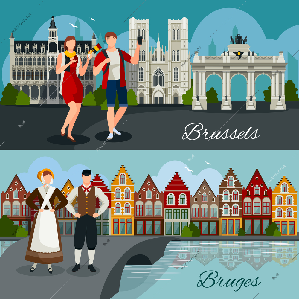 Flat style compositions with architecture of belgian cities tourists and residents in national clothing isolated vector illustration