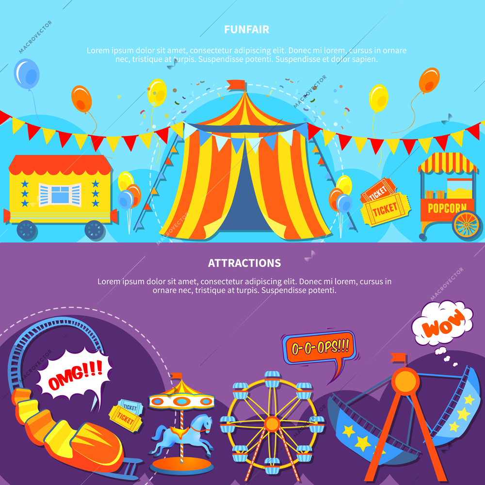 Amusement park horizontal banners website design abstract isolated vector illustration