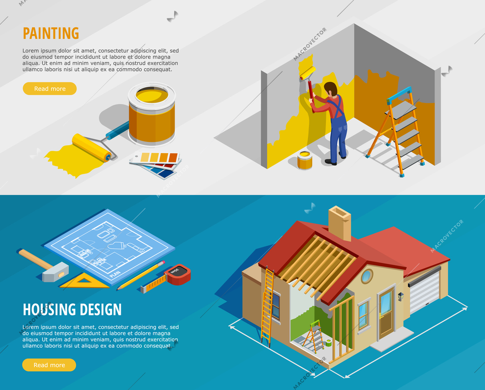 Home renovation isometric horizontal banners with painter tools and house construction with its design isolated vector illustration