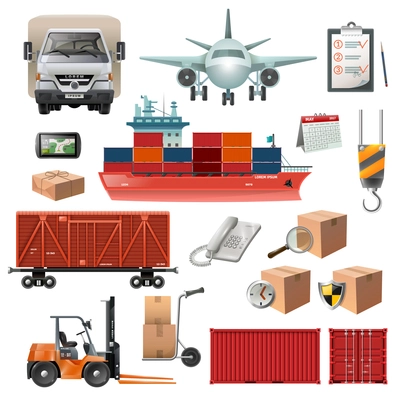 Logistics elements set of transportation distribution delivering icons and objects isolated vector illustration