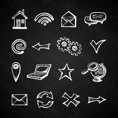 Chalkboard internet icons set with computer arrow mail home symbols isolated vector illustration
