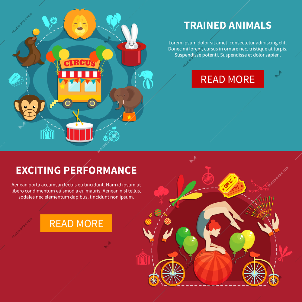 Circus flat banner set with animals and acrobats isolated vector illustration