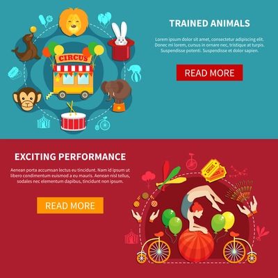 Circus flat banner set with animals and acrobats isolated vector illustration