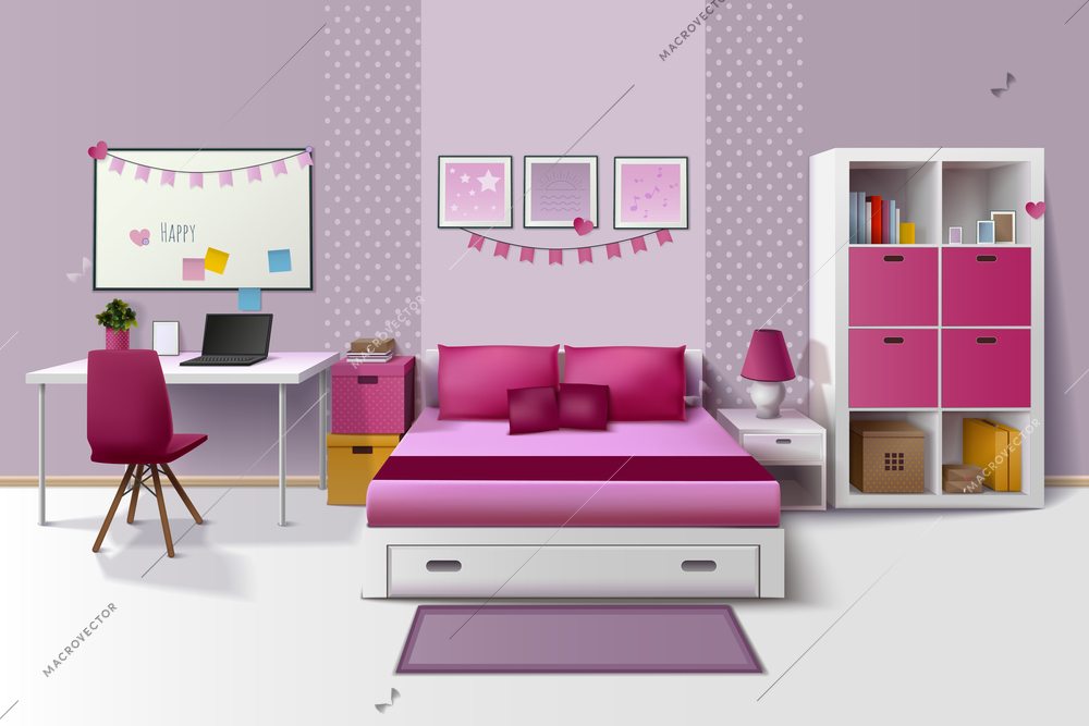 Teen girl room modern interior design with magnetic whiteboard cupboard and bed in pink fuchsia realistic vector illustration