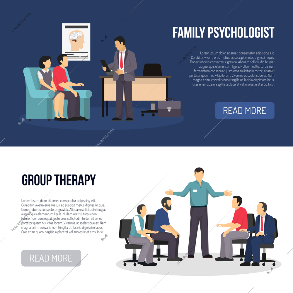 Two horizontal psychologist banners with people in classes of group therapy and family psychologist counseling wife and husband flat vector illustration