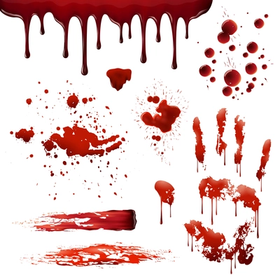 Blood spatters realistic bloodstains patterns set of smears splashes drippings drops and handprint on white background vector illustration