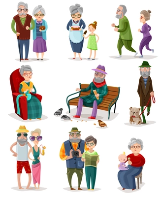 Senior people cartoon set of different activities and hobbies at retirement isolated vector illustration