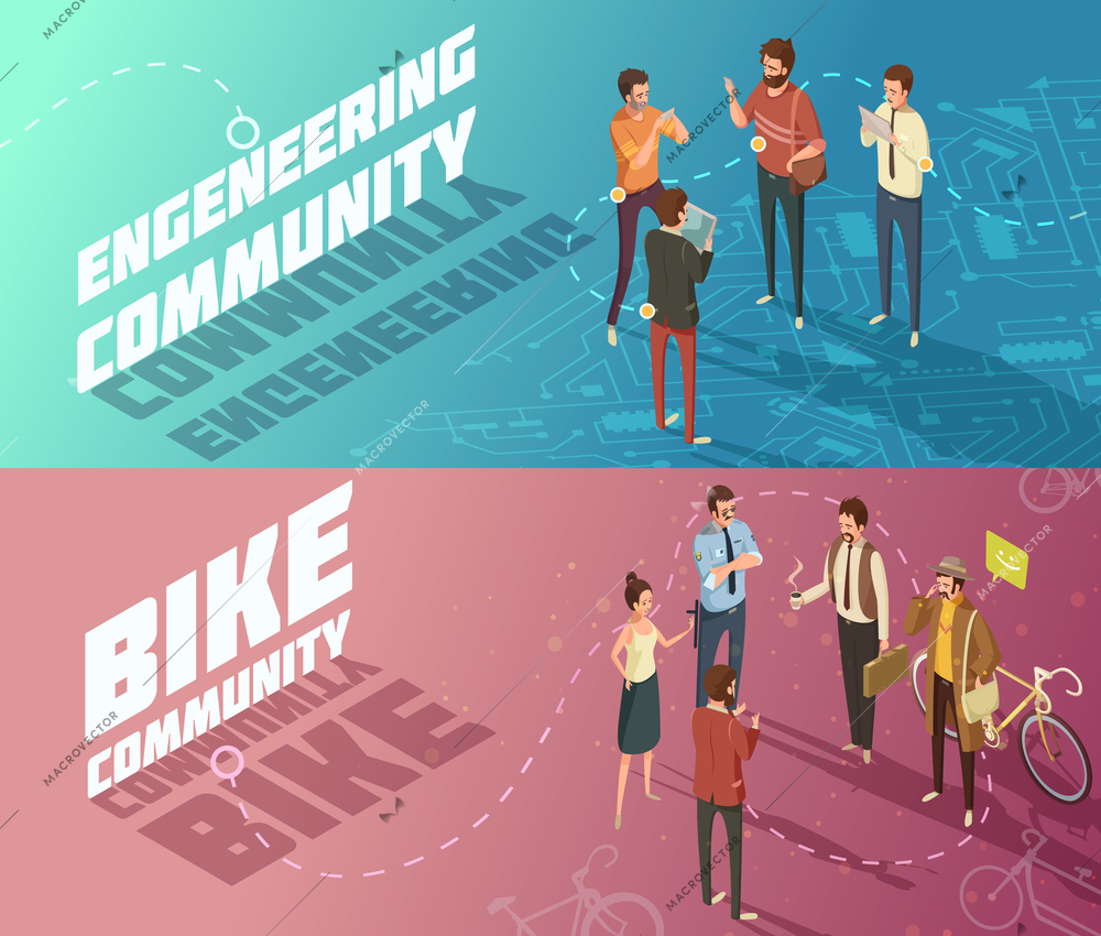 Horizontal isometric engineering and bike communities banners with people having common interests isolated vector illustration