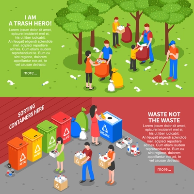 Set of two horizontal garbage recycling banners with colorful isometric compositions of people sorting waste rubbish vector illustration