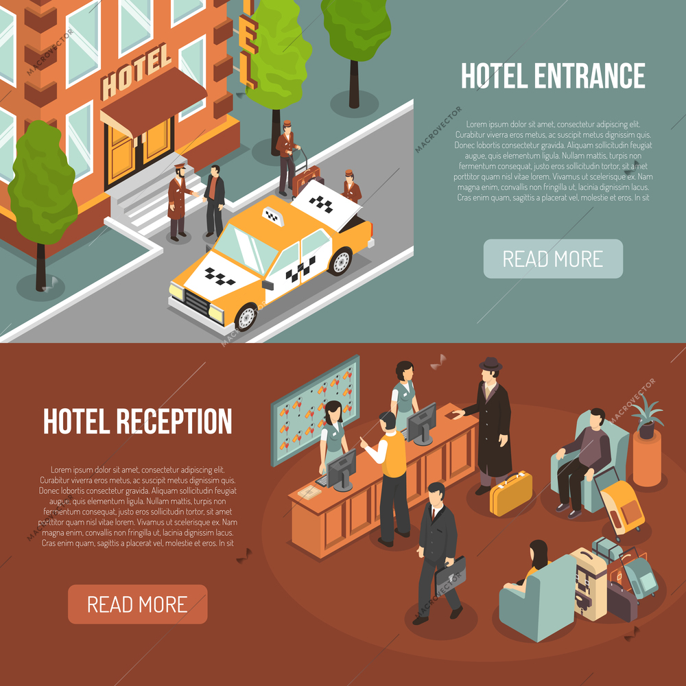 Hotel information 2 horizontal isometric banners webpage design with entrance street view and reception desk isolated vector illustration