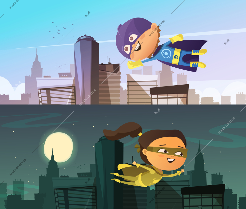 Kids superhero two flat horizontal banners with cartoon boy and girl figurines dressed in cloaks and masks and flying above town skyscrapers vector illustration