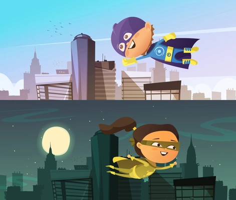 Kids superhero two flat horizontal banners with cartoon boy and girl figurines dressed in cloaks and masks and flying above town skyscrapers vector illustration