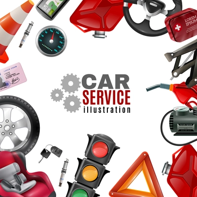 Car service template with auto maintenance tools and accessories on white background vector illustration