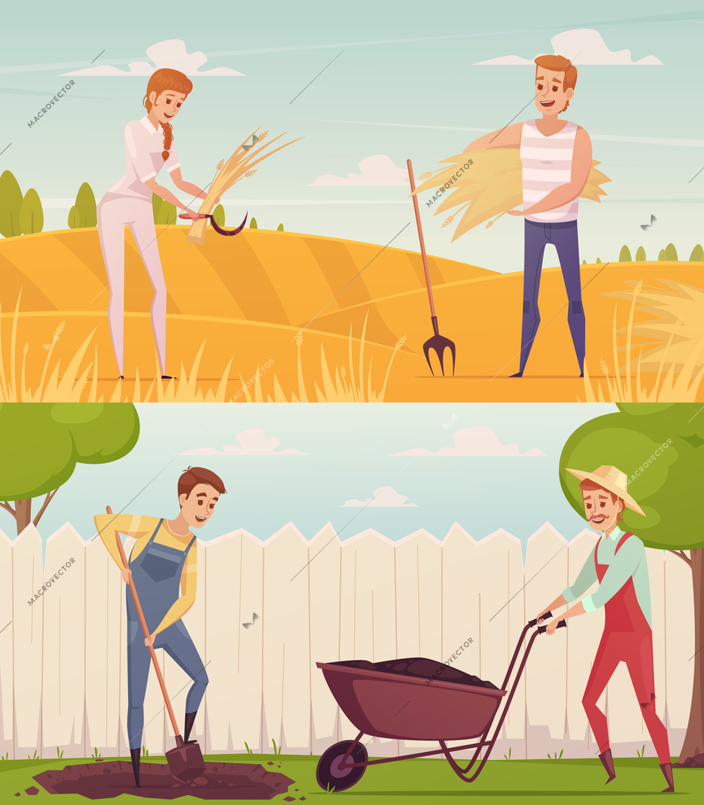 Two gardener farmer cartoon people compositions set with funny cartoon characters doing field and garden work vector illustration