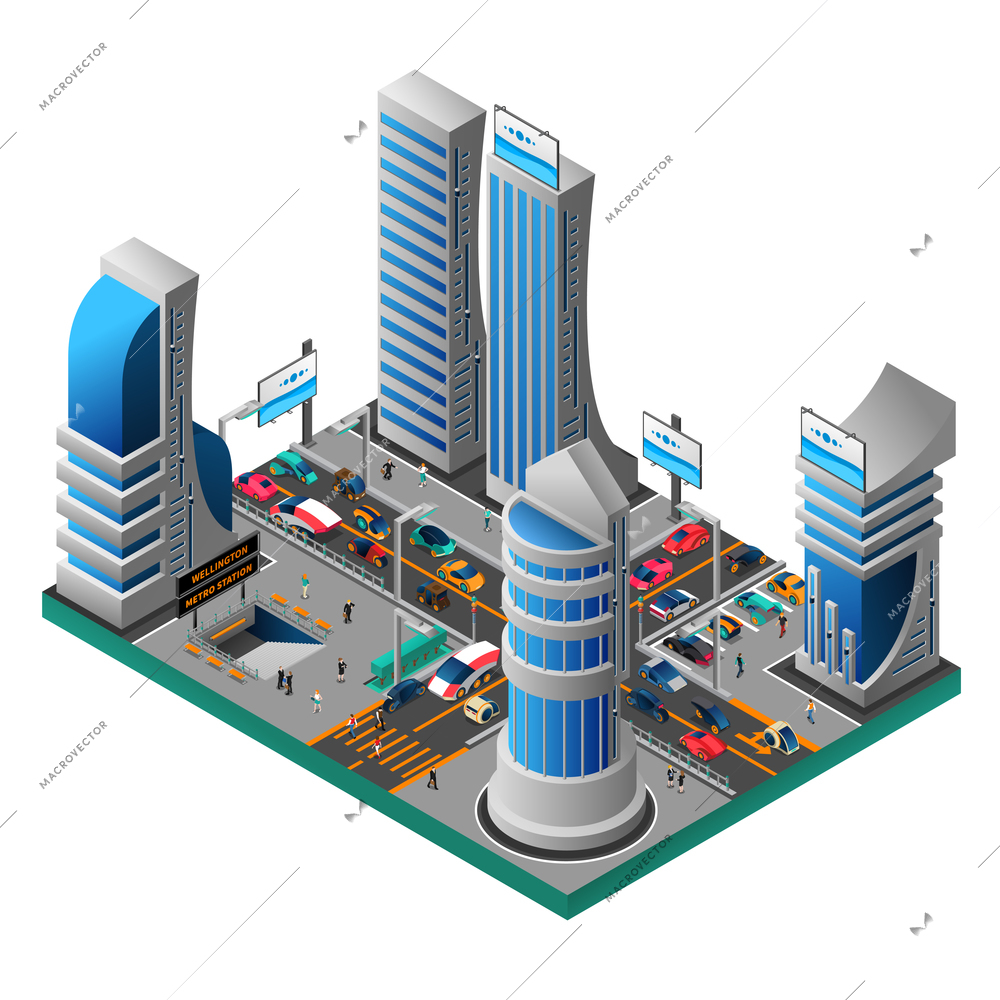 City of future isometric template with futuristic buildings skyscrapers cars people road metro station isolated vector illustration