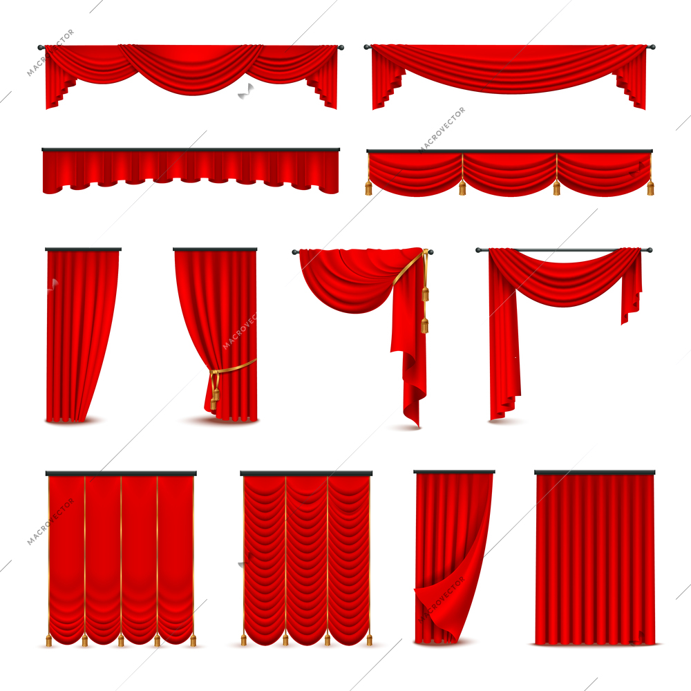 Luxury scarlet red silk velvet curtains and draperies interior decoration design ideas realistic icons collection isolated vector illustration