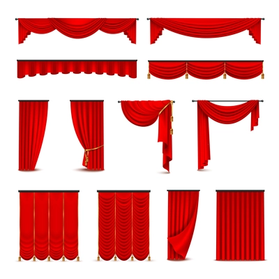 Luxury scarlet red silk velvet curtains and draperies interior decoration design ideas realistic icons collection isolated vector illustration