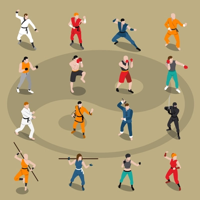 Isometric set of people doing different eastern and european martial arts isolated on background with yin yang vector illustration