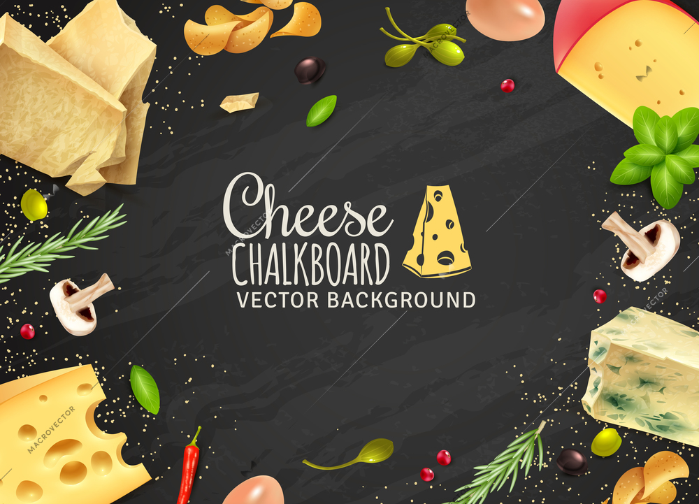 Delicious cheese background with products of different sorts mushrooms and vegetables on chalkboard vector illustration