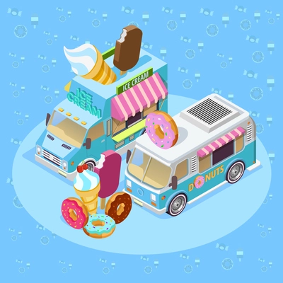 Street food trucks isometric composition poster with ice cream van and donuts bus blue background vector illustration