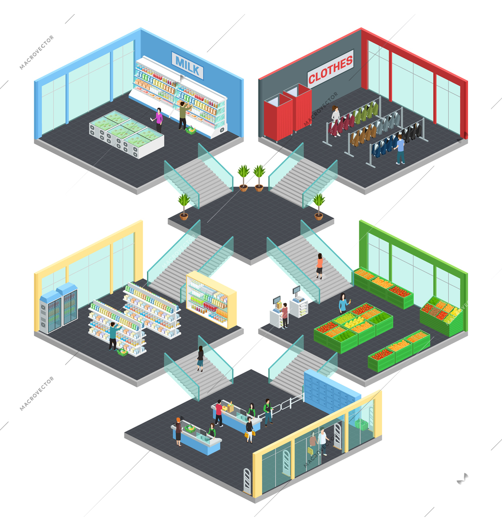 Multistore supermarket isometric composition with clothes and milk symbols vector illustration