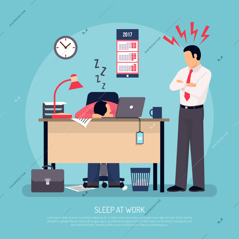 Angry business manager and employee falling asleep at work in office overworking warning symptoms flat poster vector illustration