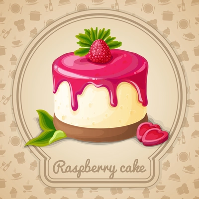 Raspberry cake with syrup dessert emblem in frame and food cooking icons on background vector illustration