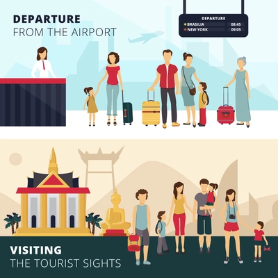 Traveler people visiting tourist sights horizontal banner set vector illustration