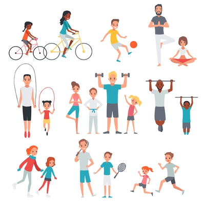 People flat fitness set with parents and children involving in sport activities isolated vector illustration