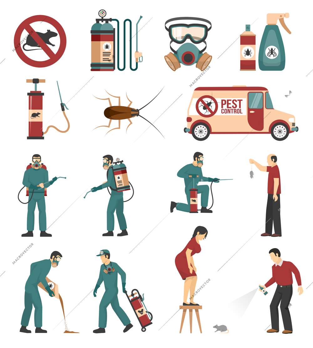 Pest control service equipment treatments and products flat icons collection with cockroaches and rats removal isolated vector illustration