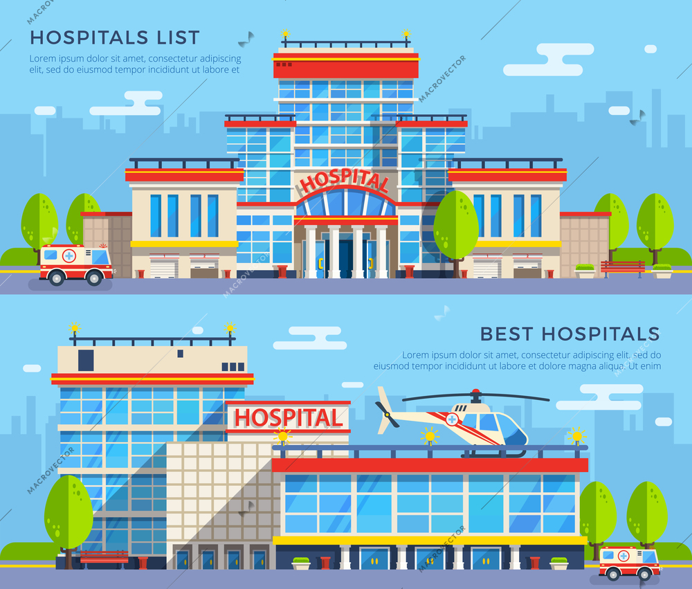 Modern many-storeyed hospital buildings with emergency car and helicopter on cityscape background flat banners isolated vector illustration