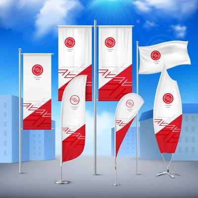 Various pole flags banners collection with red emblem for event announcement and promotion urban sky background vector illustration