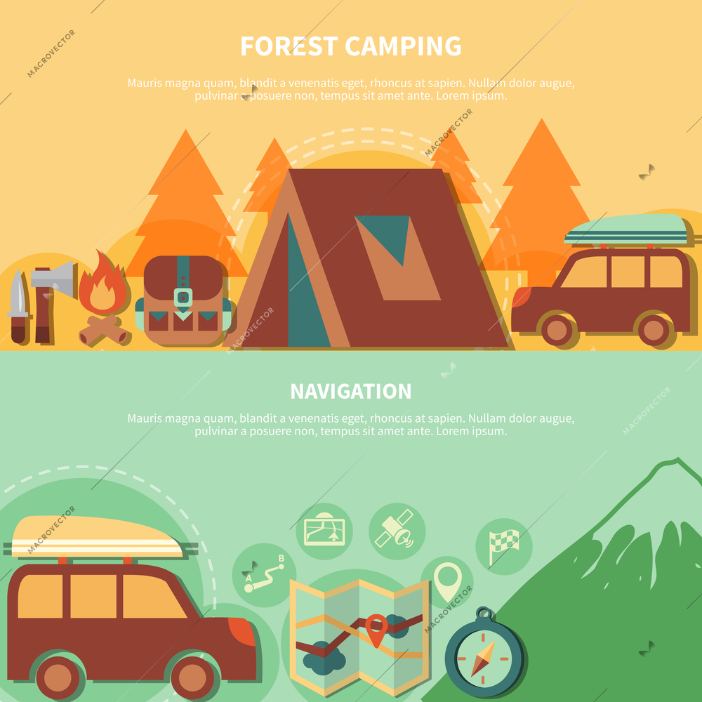 Hiking equipment and navigation accessories for forest camping  and vector illustration