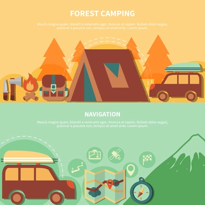 Hiking equipment and navigation accessories for forest camping  and vector illustration