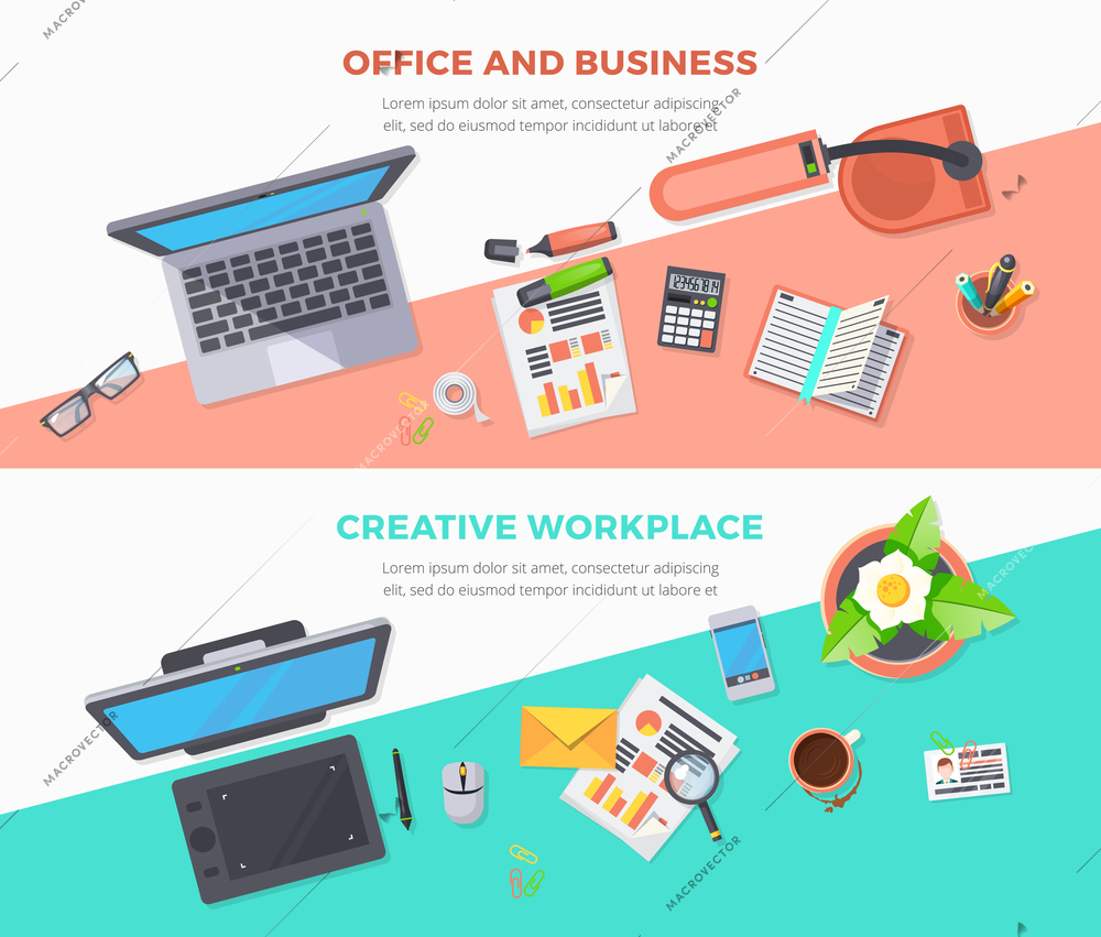 Horizontal banners of top view workplace office with related items two variants business and creative flat vector illustration