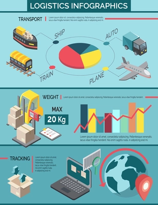 Logistics infographic set with cargo delivery and warehouse symbols isometric vector illustration