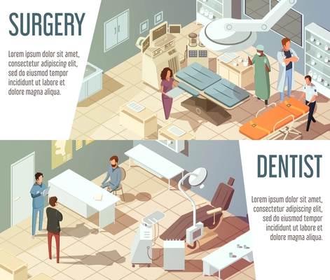 Hospital isometric banners set with dentists and doctors working in surgery isolated vector illustration
