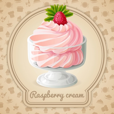 Raspberry cream dessert with berry mint badge and food cooking icons on background vector illustration