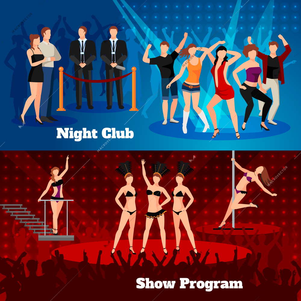 Night club erotic pole dance show program 2 flat horizontal banners with sexy girls  isolated vector illustration