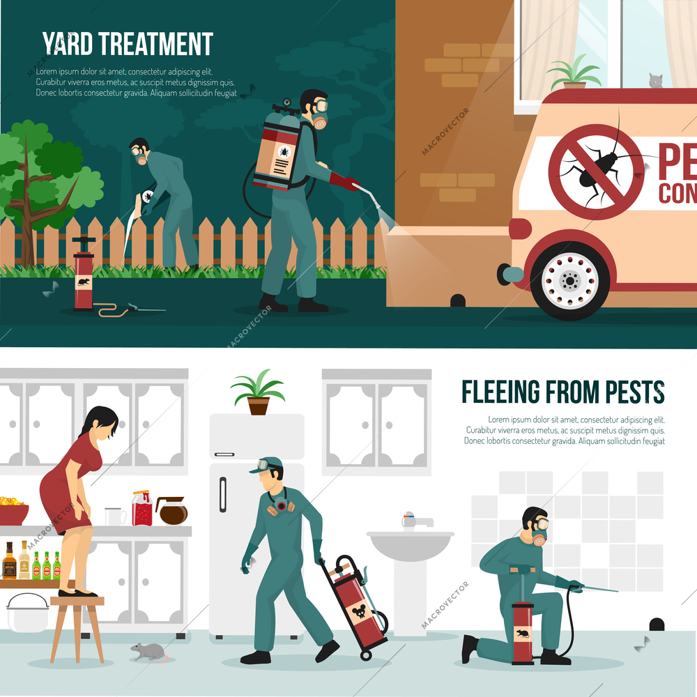 Pest control services technology concept 2 flat horizontal banners with professional yard and interior treatment isolated vector illustration