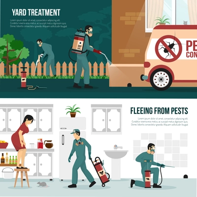 Pest control services technology concept 2 flat horizontal banners with professional yard and interior treatment isolated vector illustration