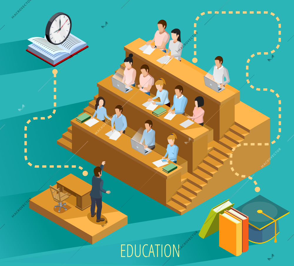 High school education with university lecture  study textbooks and graduation symbols isometric flowchart elements poster vector illustration