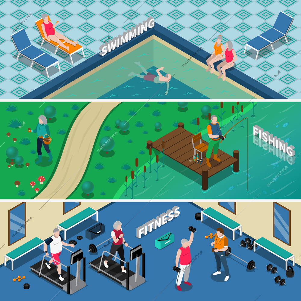 Horizontal isometric banners with elderly people doing fitness fishing and swimming isolated vector illustration