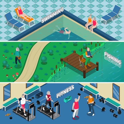 Horizontal isometric banners with elderly people doing fitness fishing and swimming isolated vector illustration