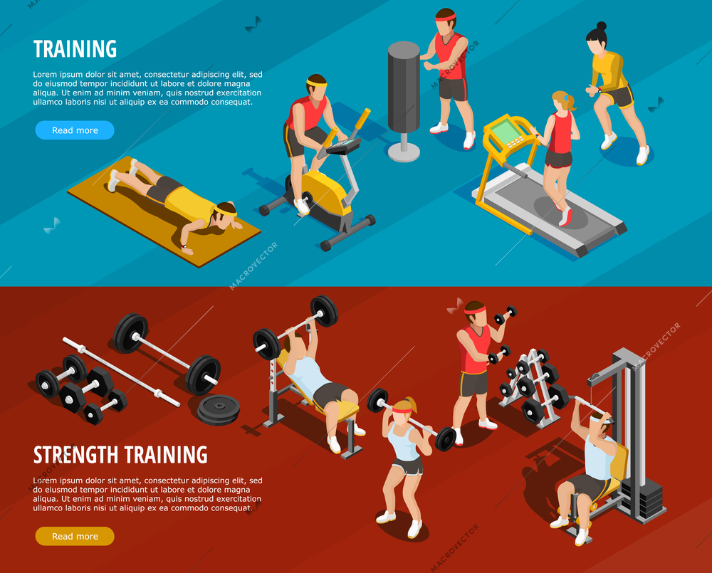 Sports training horizontal banners with power and running exercises in flat style vector illustration