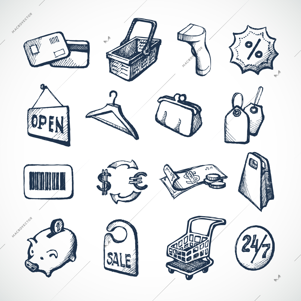 Sketch shopping icons set with plastic card money bags and tags isolated vector illustration