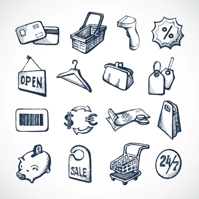 Sketch shopping icons set with plastic card money bags and tags isolated vector illustration