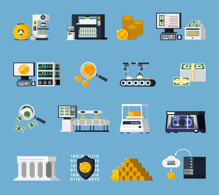 Money manufacturing icons set with finance symbols flat isolated vector illustration